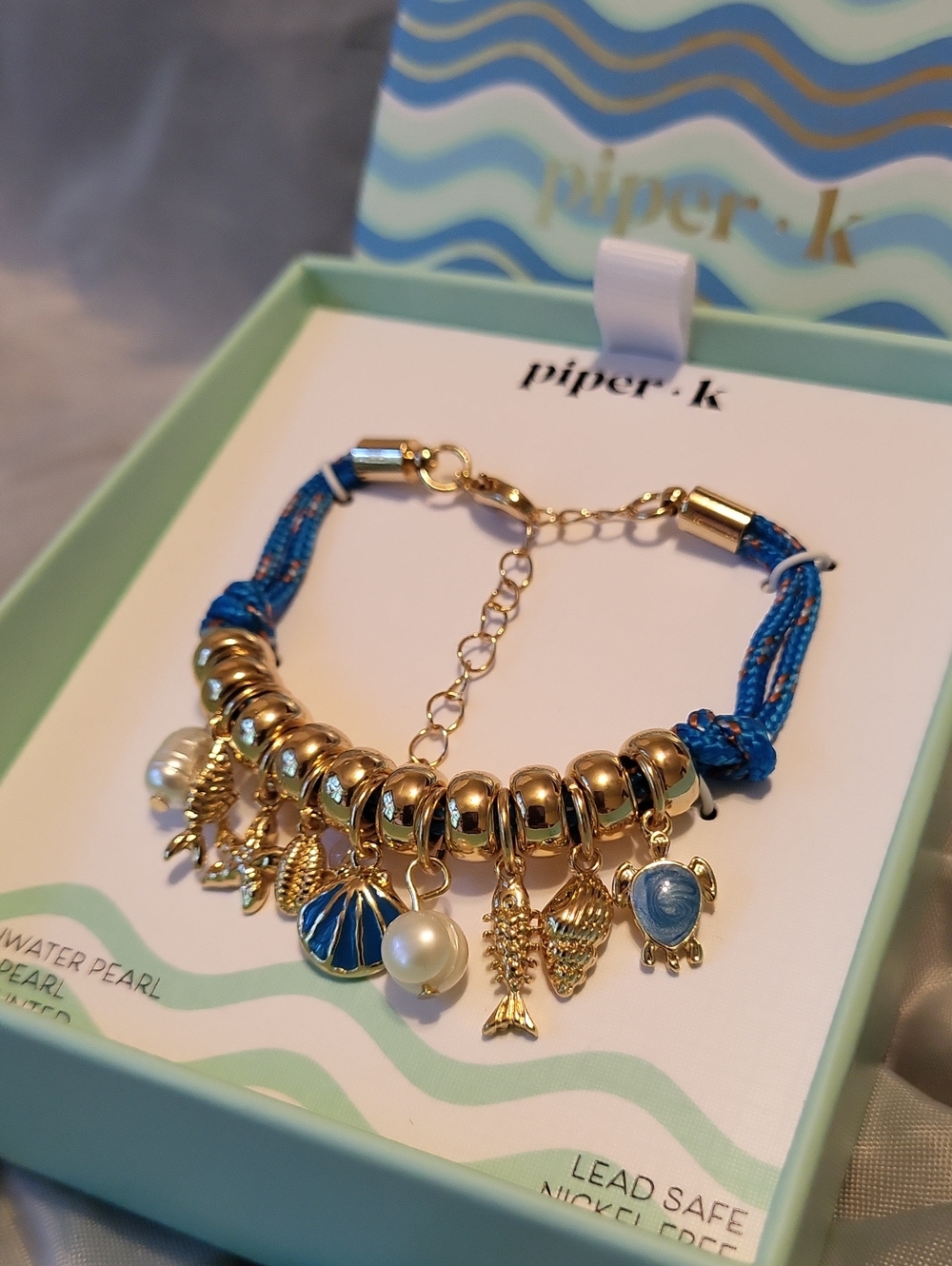 Piper K Gold and Blue Nautical Charm Bracelet with Pearls COSTAL BEACHY
